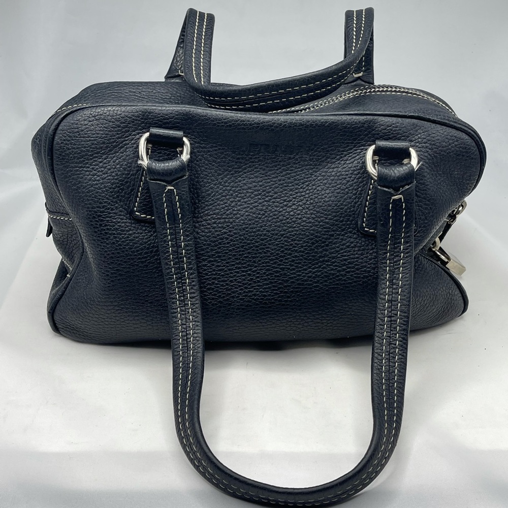 Authentic PRADA Black Pebble Leather Handbag Logo Silver Metal Shoulder Purse